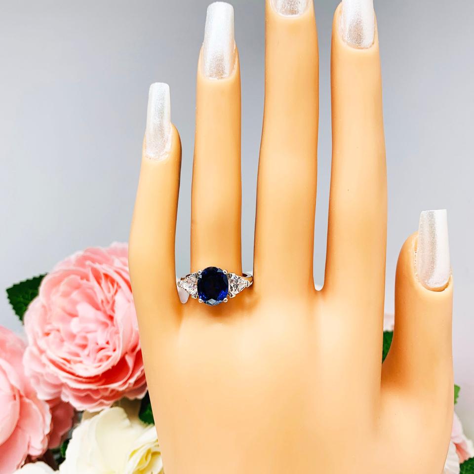 Lab Blue Sapphire Oval Trillion CZ Ring Sterling Silver