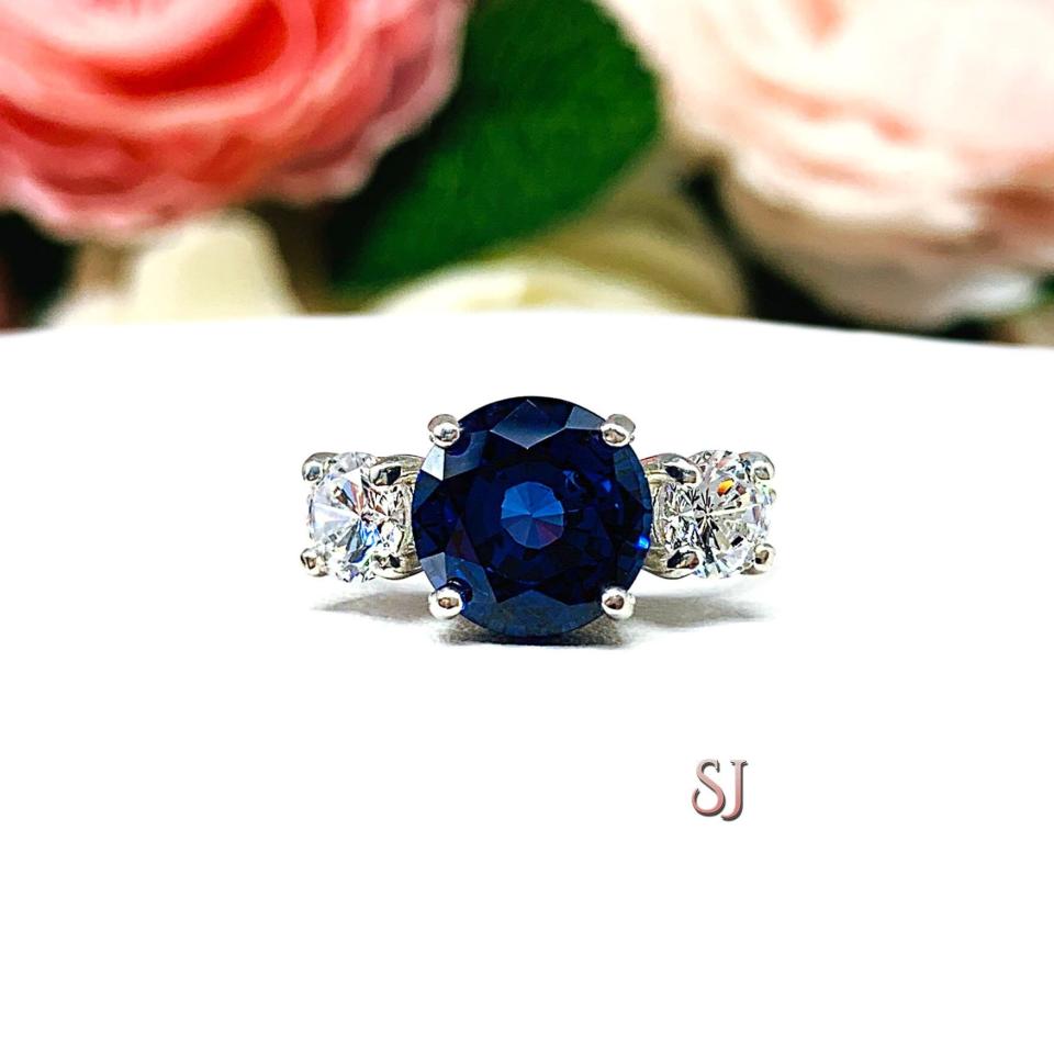 Lab Blue Sapphire CZ Round Three Stone Ring