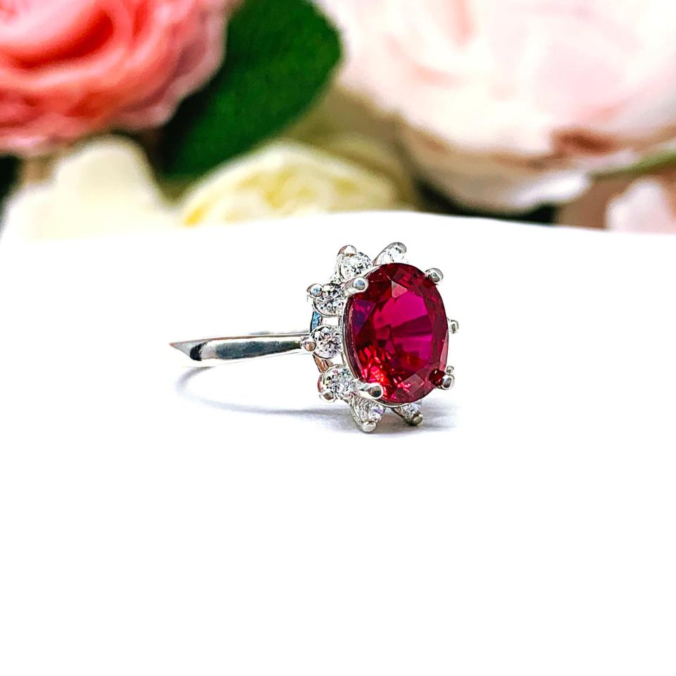 Lab Ruby 9x7mm Oval CZ Halo Sterling Silver Ring Size 7