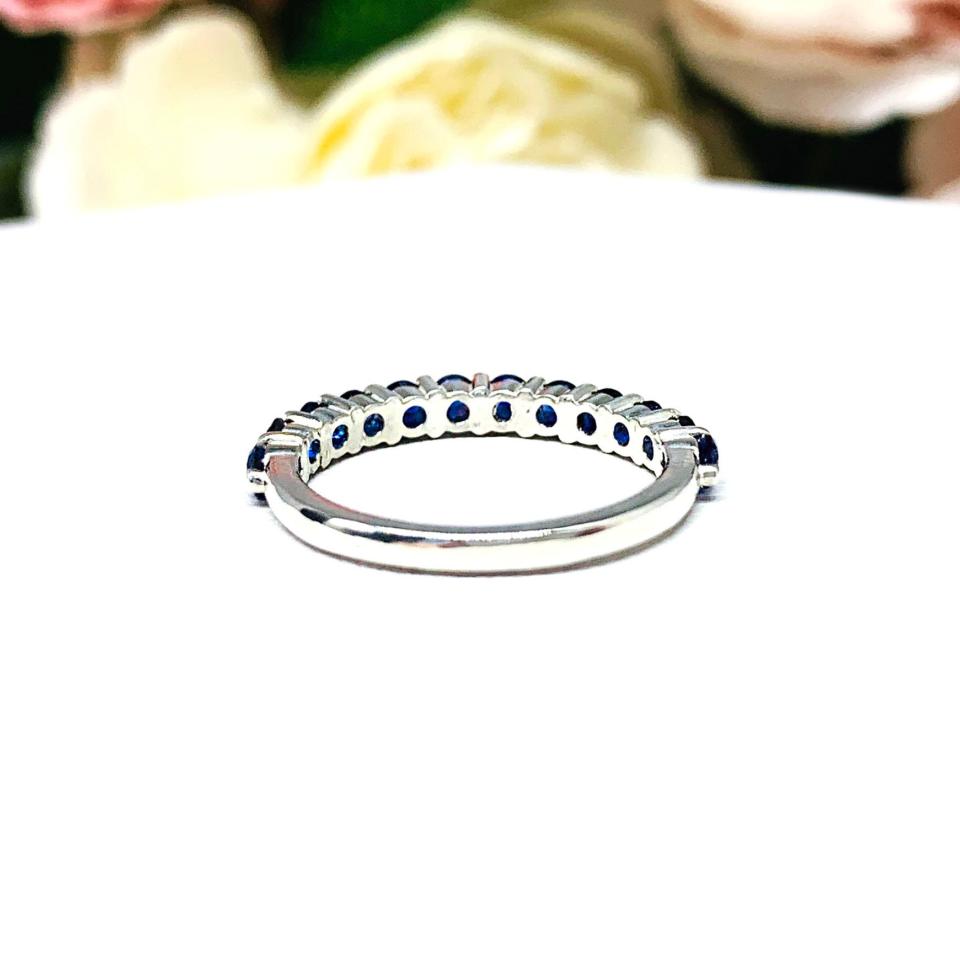 Round Lab Blue Sapphire Band Half Eternity Sterling Silver Stacking Ring