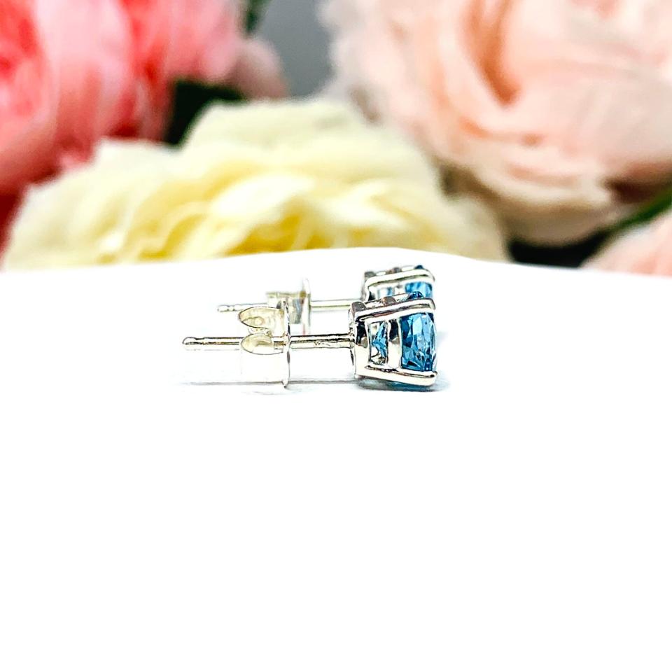 Round Swiss Blue Topaz Basket Stud Earrings December Birthstone Authentic