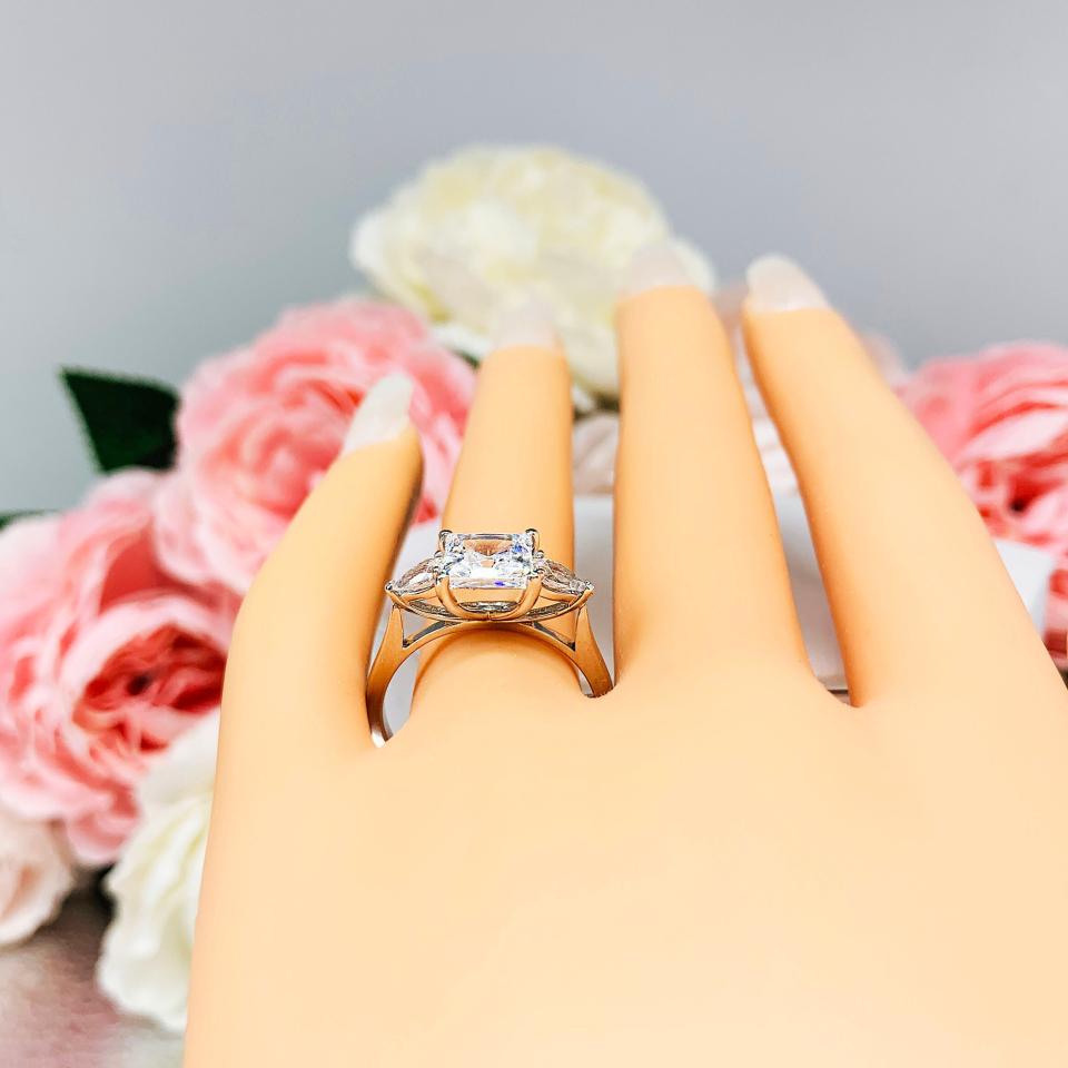 Princess CZ 3-Stone Engagement Ring Size 8 – 7mm, Pear Side Stones, Sterling Silver