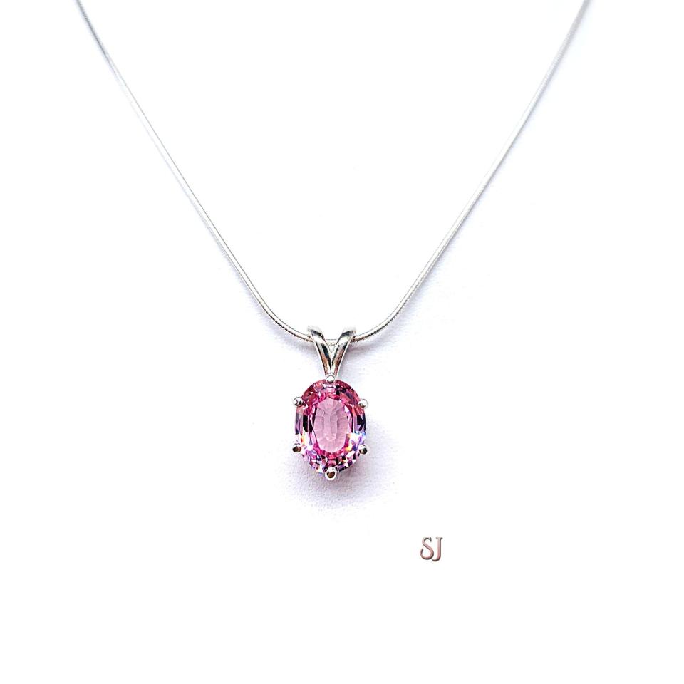 Lab Padparadscha Oval Pink Sapphire Pendant Sterling Silver Necklace Six Prong 10x8mm