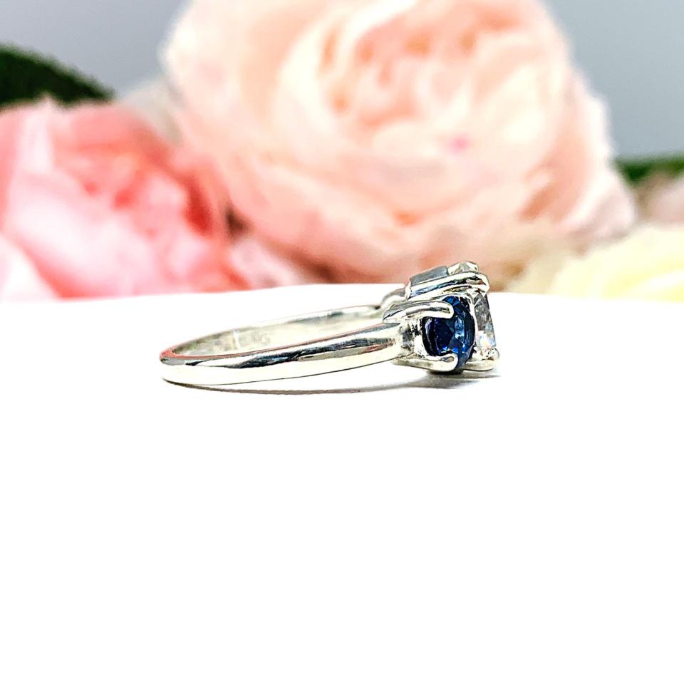 Round CZ Lab Blue Sapphire 3 Stone Engagement Ring
