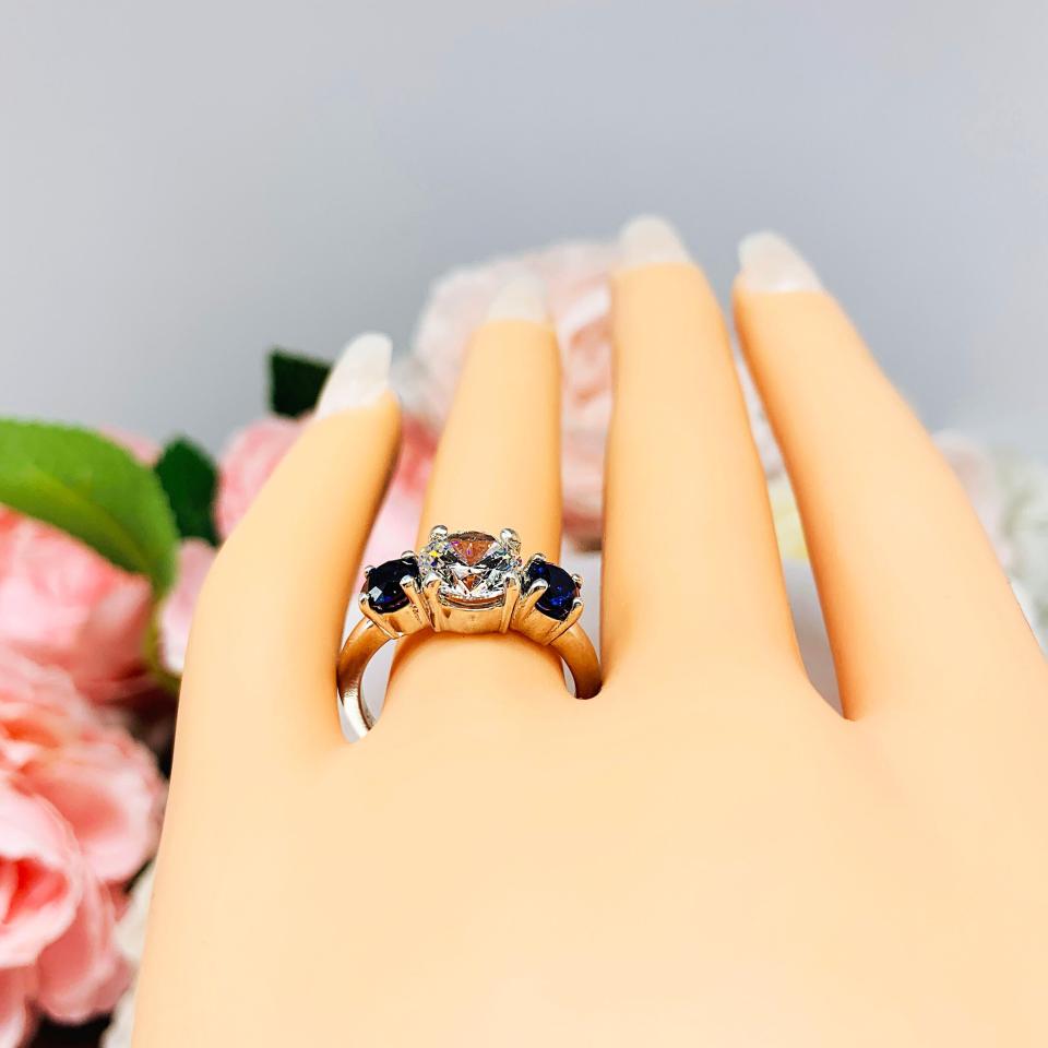 Round CZ Lab Blue Sapphire 3 Stone Engagement Ring