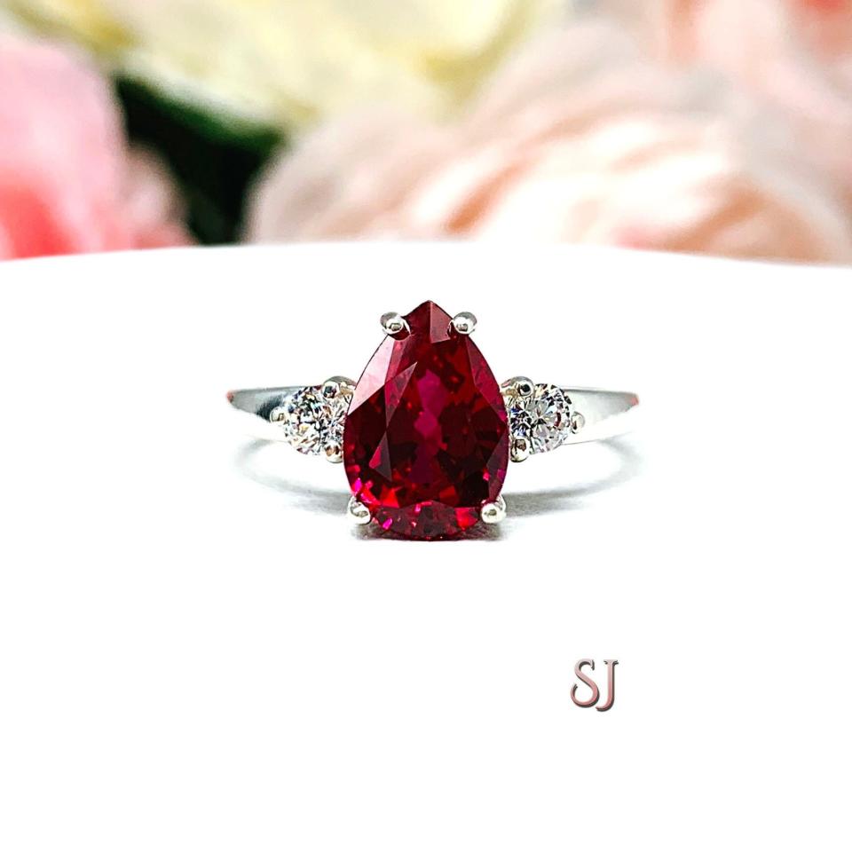Lab Created Ruby Pear Round CZ Ring Sterling Silver