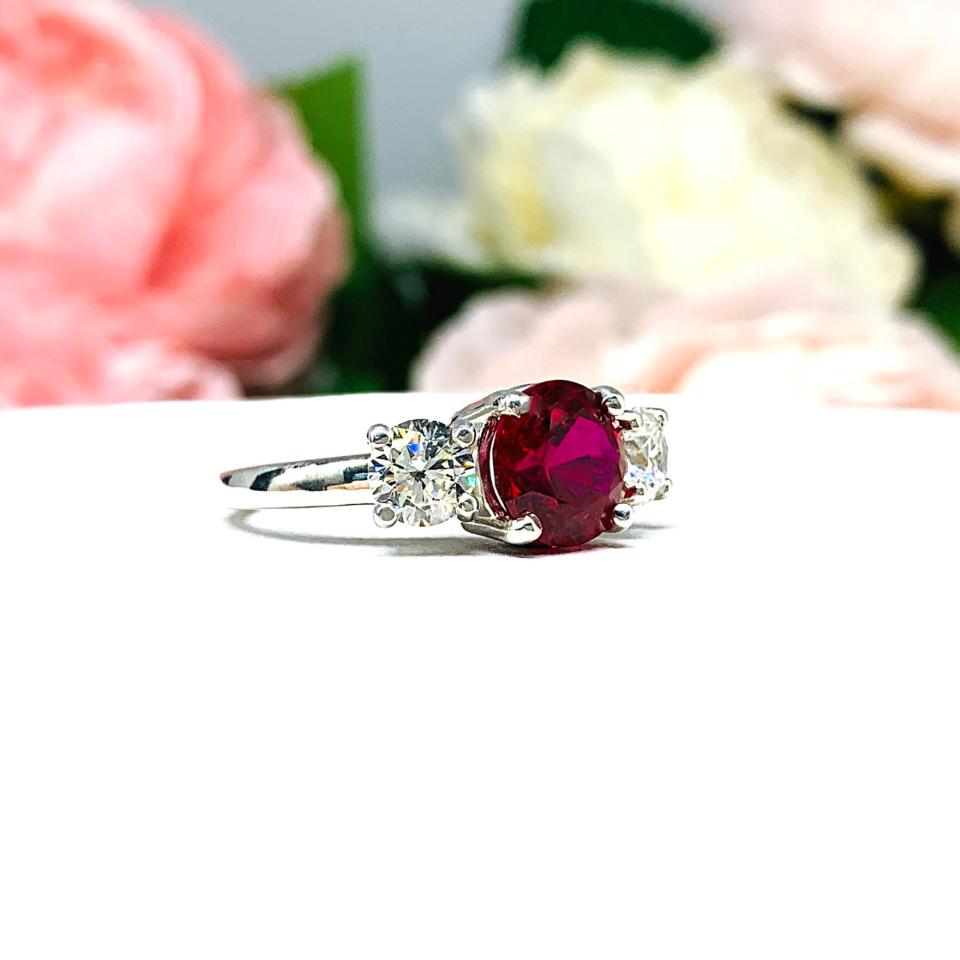 Round Lab Created Ruby CZ 3 Stone Ring Sterling Silver