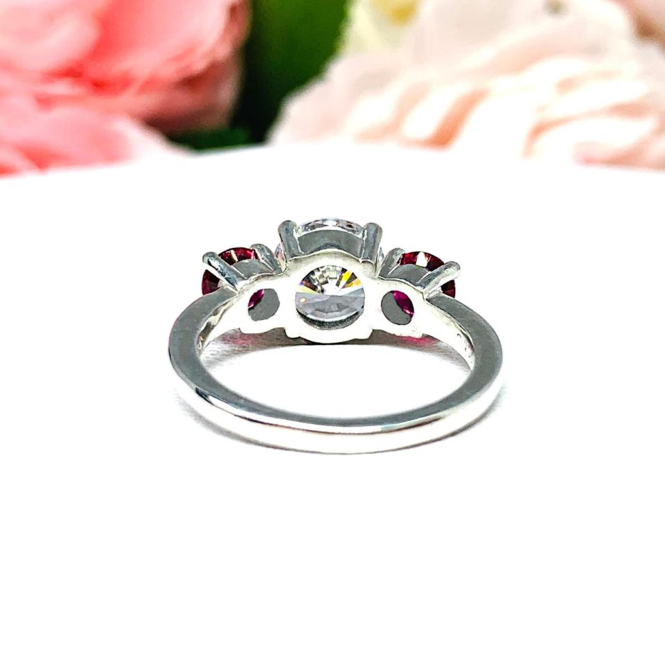 Round CZ Lab Ruby 3 Stone Engagement Ring