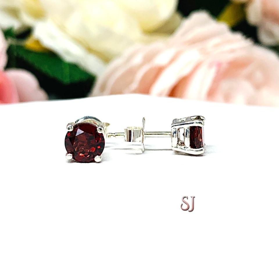 Round Natural Mozambique Garnet Stud Earrings January Birthstone