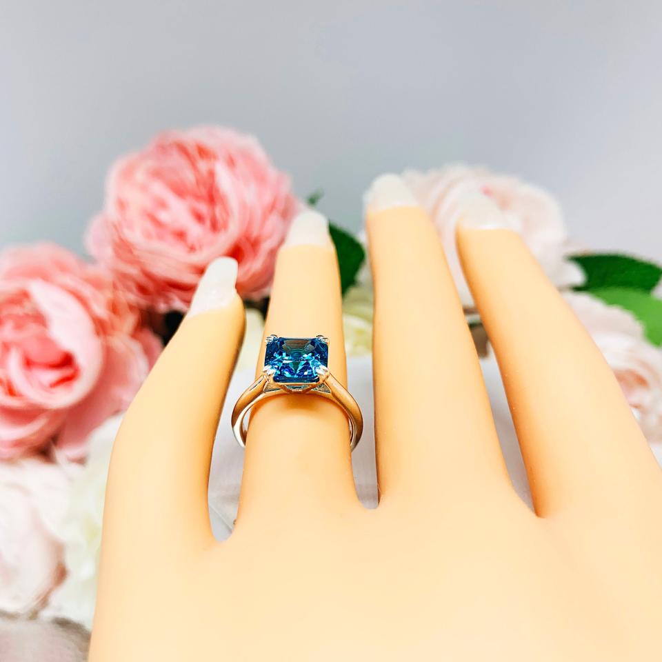 Asscher 8mm London Blue CZ Split Prong Ring