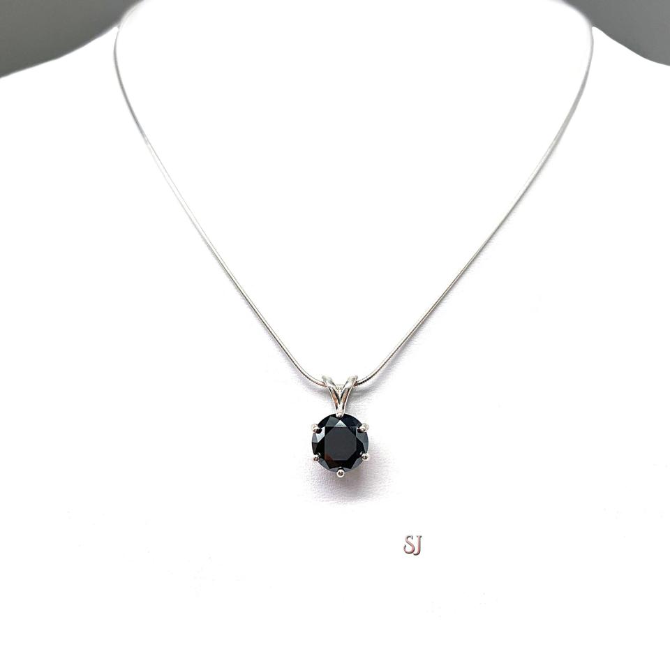 Black Moissanite Pendant Necklace - Round suthentic moissanite - Sterling silver 6 prong setting - Sterling silver chain