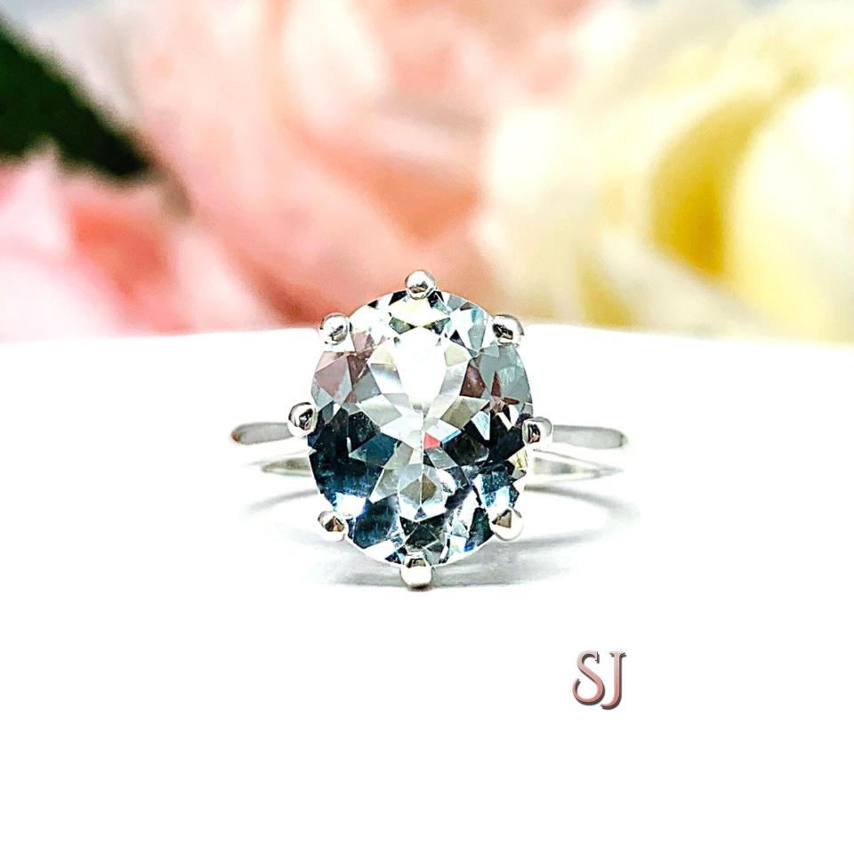 Genuine Aquamarine Oval Ring Size 4.75 - 11x9mm (2.87 cts) gemstone - Sterling silver 8 prong setting