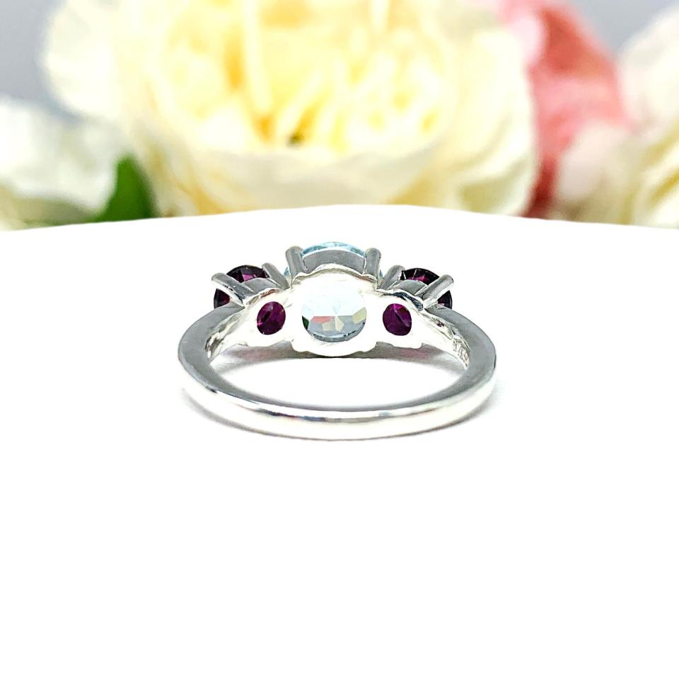 Round Aquamarine Garnet 3 Stone Ring - Genuine gemstones (2.85 cts total) - Sterling silver setting