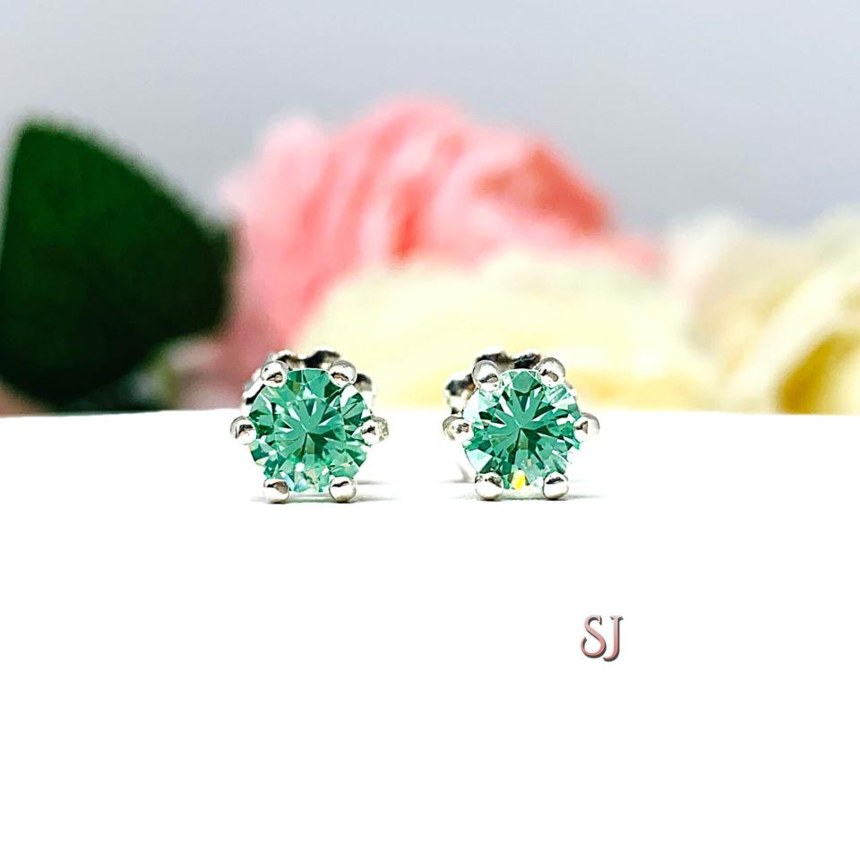 Seafoam Green Lab Spinel Stud Earrings Sterling Silver 6mm Round 6 Prong