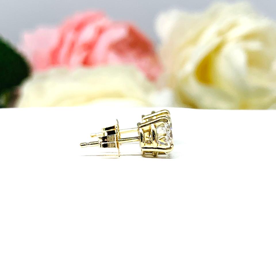 Moissanite 14k Gold Stud Earrings - Round authentic moissanites - Solid gold soft claw prong settings - FREE 3RD DAY UPS