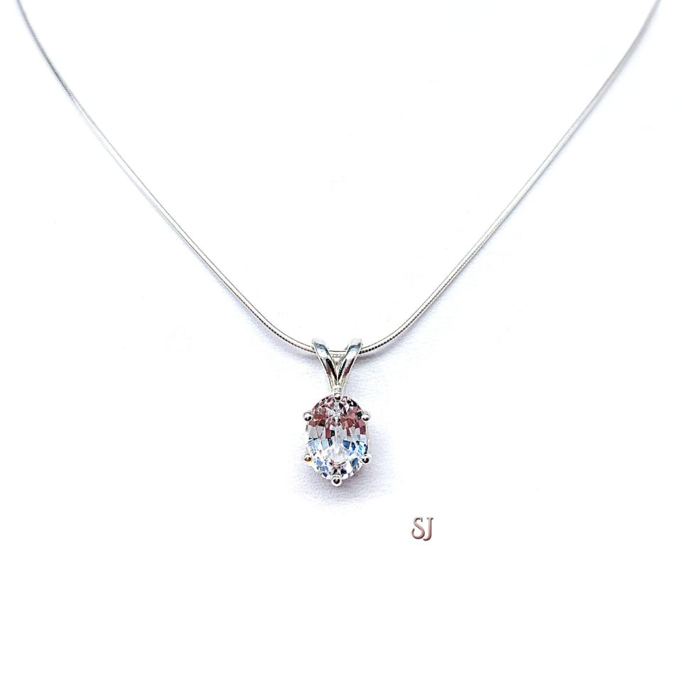 Lab White Sapphire Oval Pendant Sterling Silver Necklace Six Prong