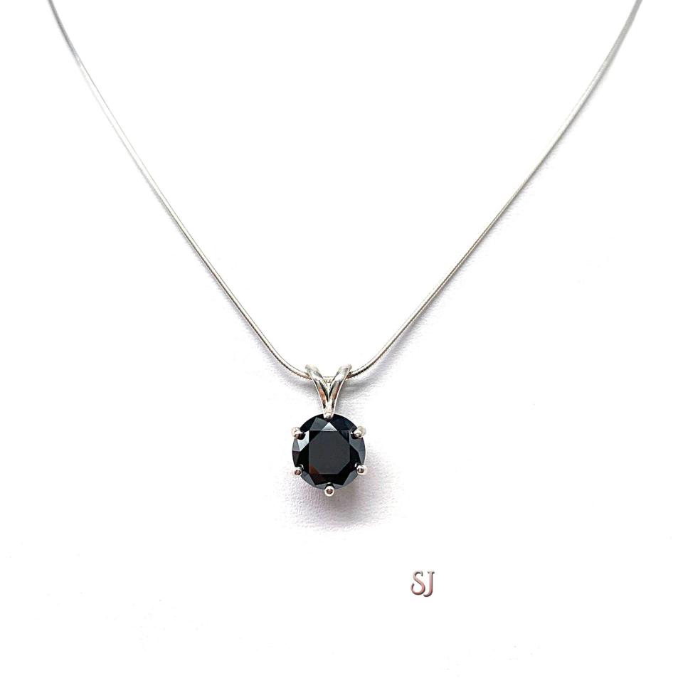 Black Moissanite Pendant Necklace - Round suthentic moissanite - Sterling silver 6 prong setting - Sterling silver chain