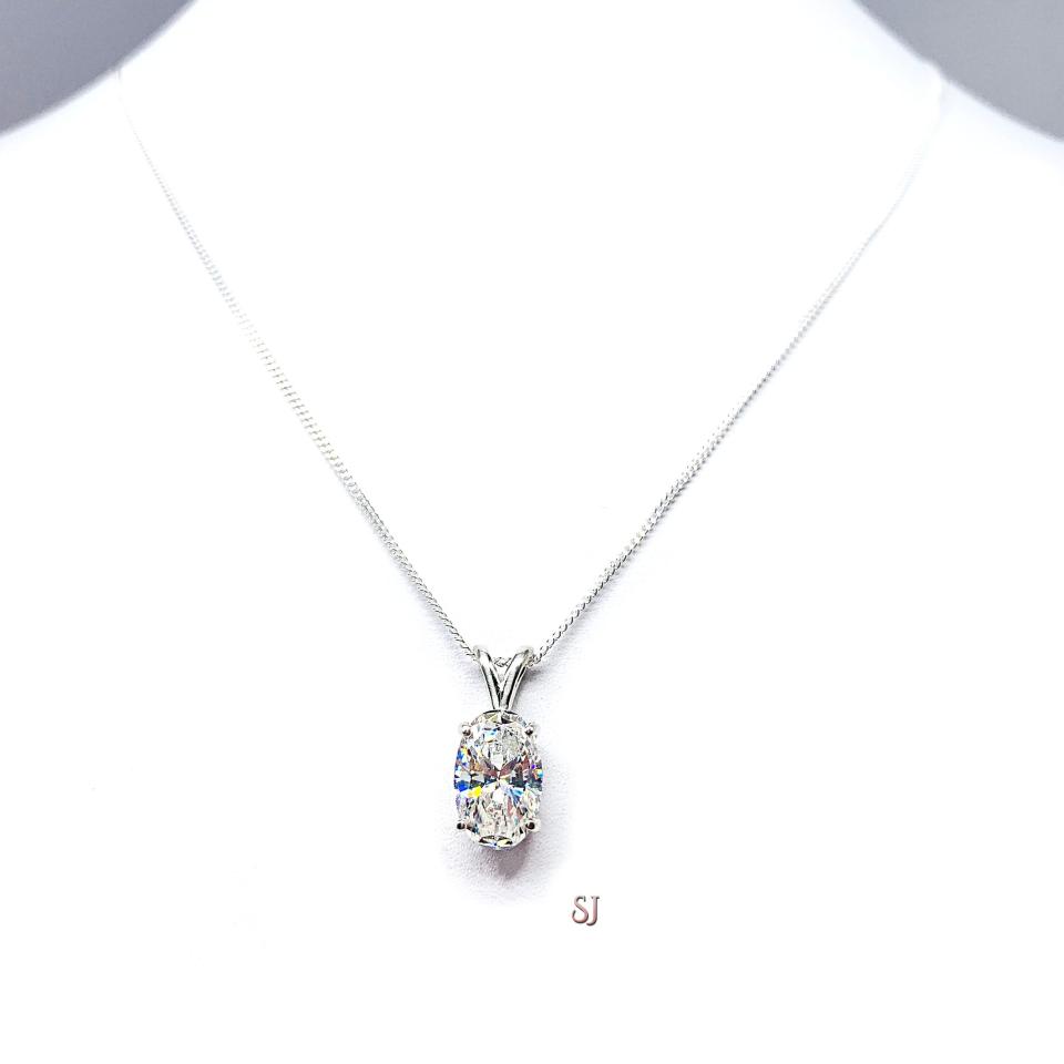 Oval CZ Pendant Sterling Silver Necklace 3 Carats 12x8mm Near Colorless Cubic Zirconia