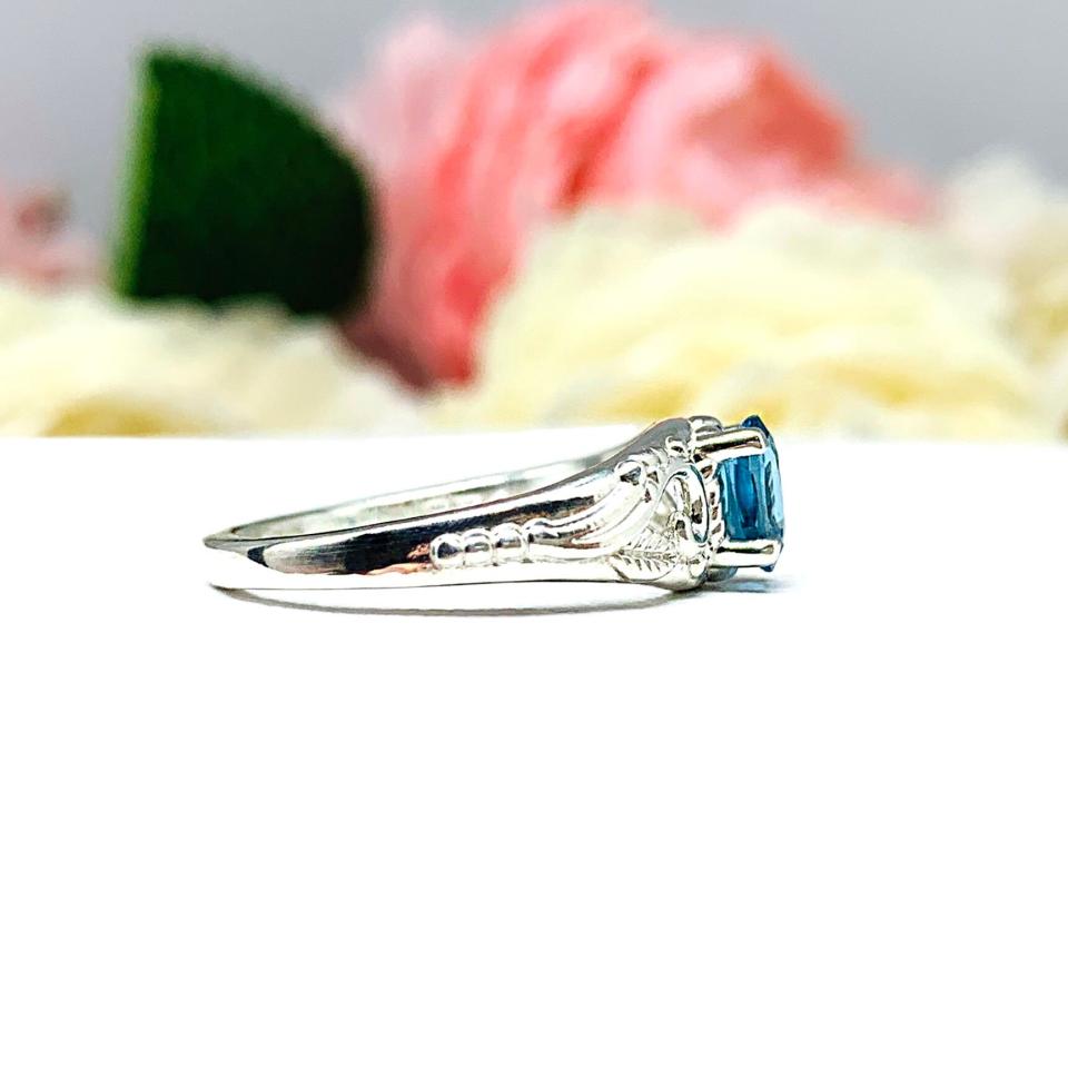 Genuine London Blue Topaz 6x4mm Oval Ornamental Leaf Ring