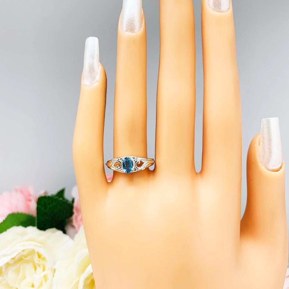Genuine London Blue Topaz 6x4mm Oval Ornamental Leaf Ring