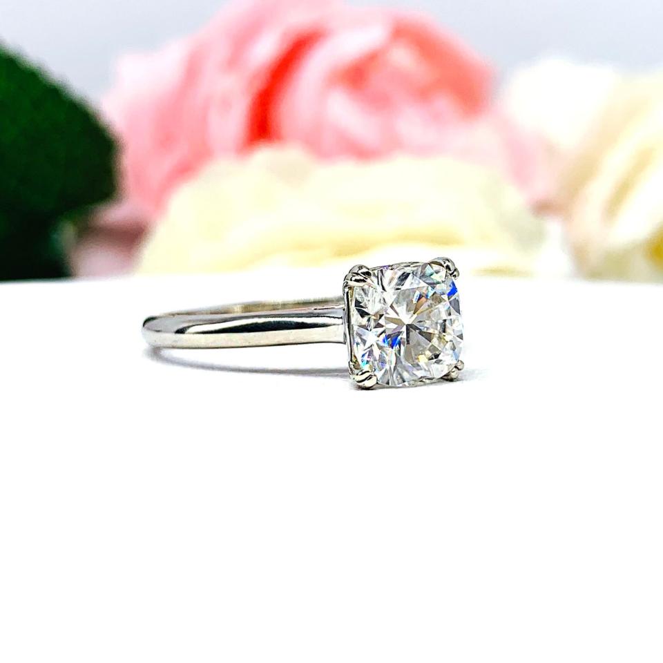 Cushion Moissanite Engagement Ring Size 9 – 7.5mm (2 cts), 10k White Gold