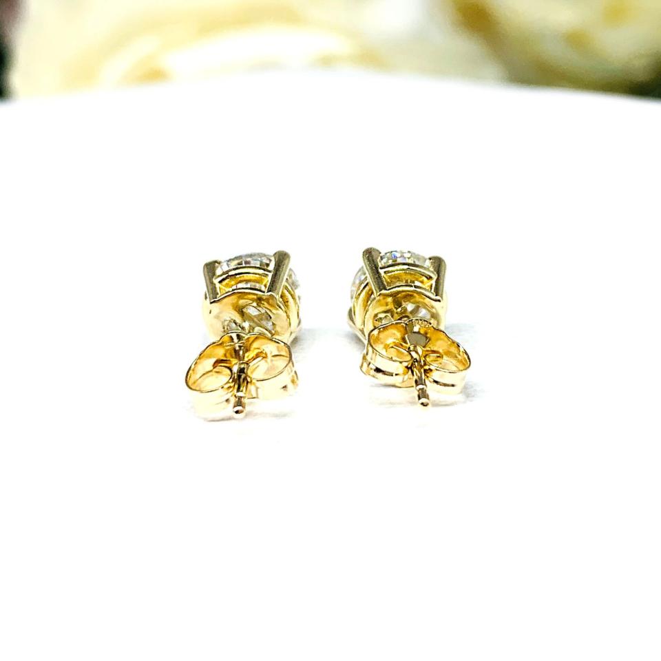 Moissanite 14k Gold Stud Earrings - Round authentic moissanites - Solid gold soft claw prong settings - FREE 3RD DAY UPS