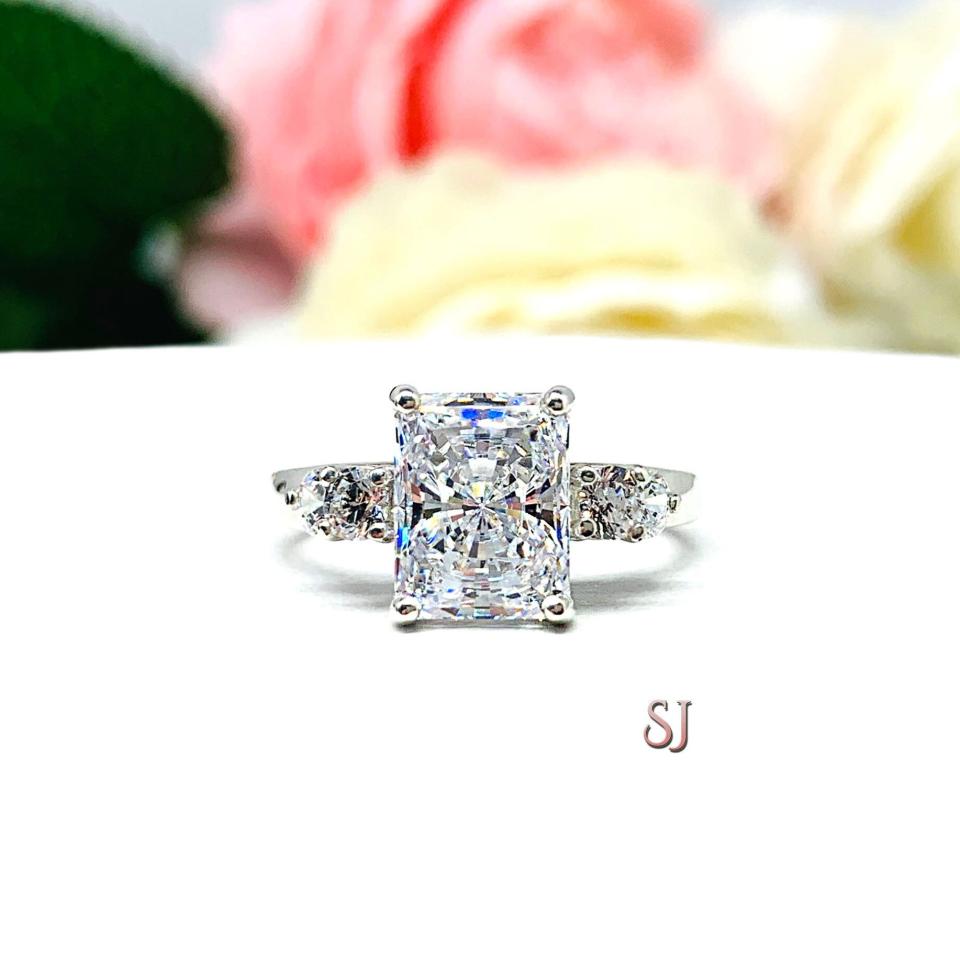 Radiant CZ Sterling Silver Engagement Ring Round Accents