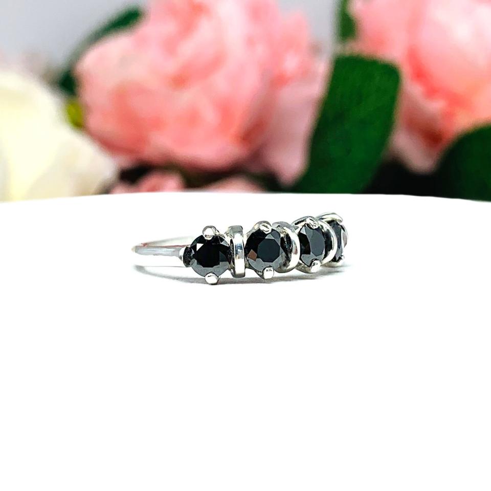 Black Moissanite 5 Stone Ring - 4mm round authentic moissanites - Sterling silver setting