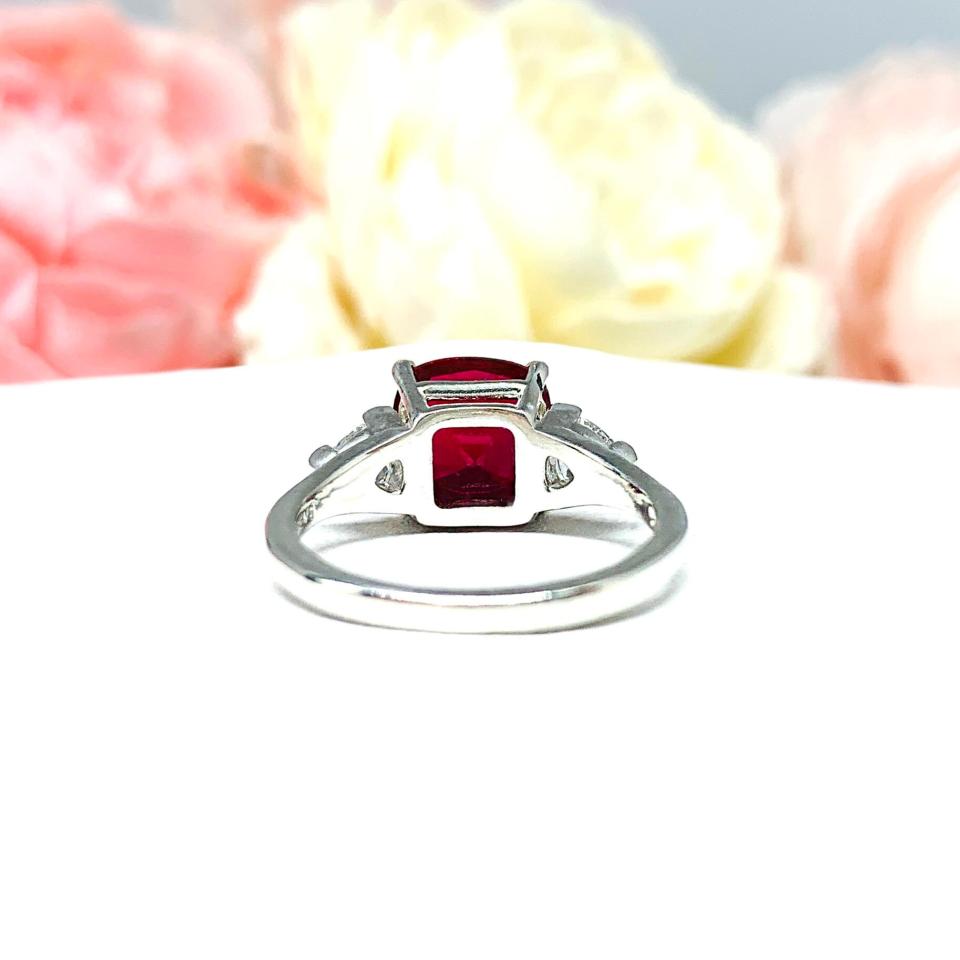 Lab Created Ruby Cushion Cut CZ Trillions Ring Sterling Silver