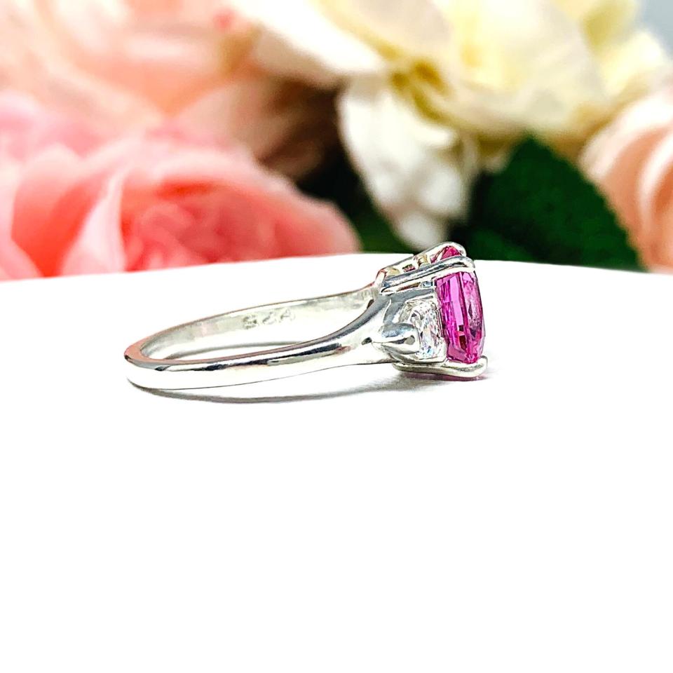 Lab Pink Sapphire Cushion CZ Trillions Ring
