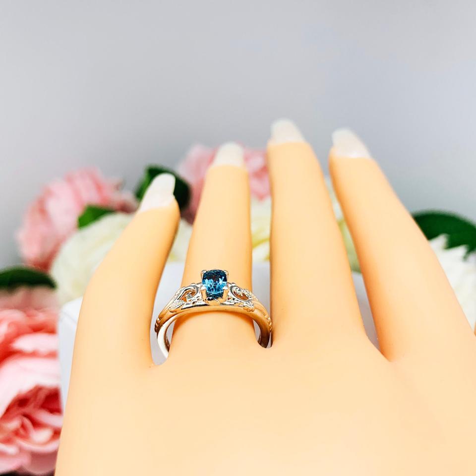 Genuine London Blue Topaz 6x4mm Oval Ornamental Leaf Ring