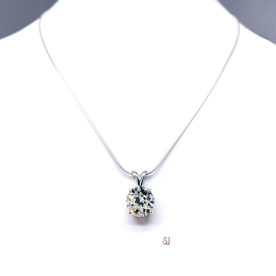 Old European Cut CZ Pendant Sterling Silver Necklace Round Near Colorless Lotus Flower