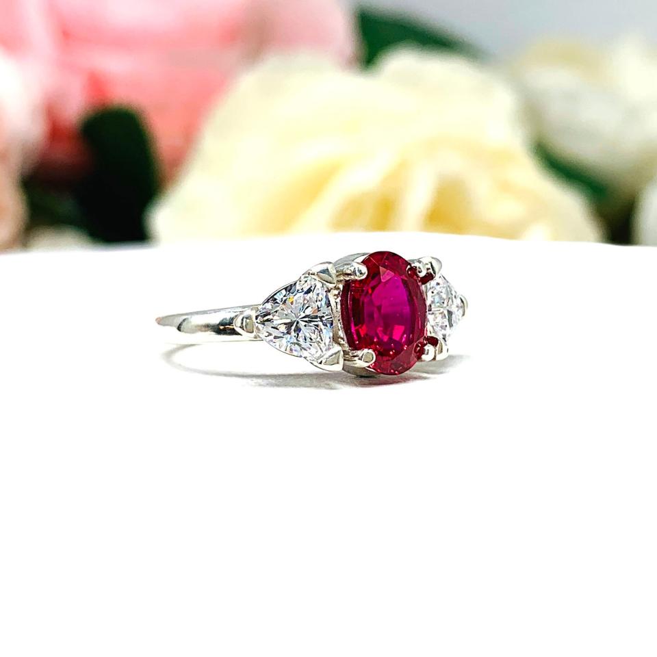 Lab Created Ruby Oval CZ Trillion Ring Lower Profile Sterling Silver