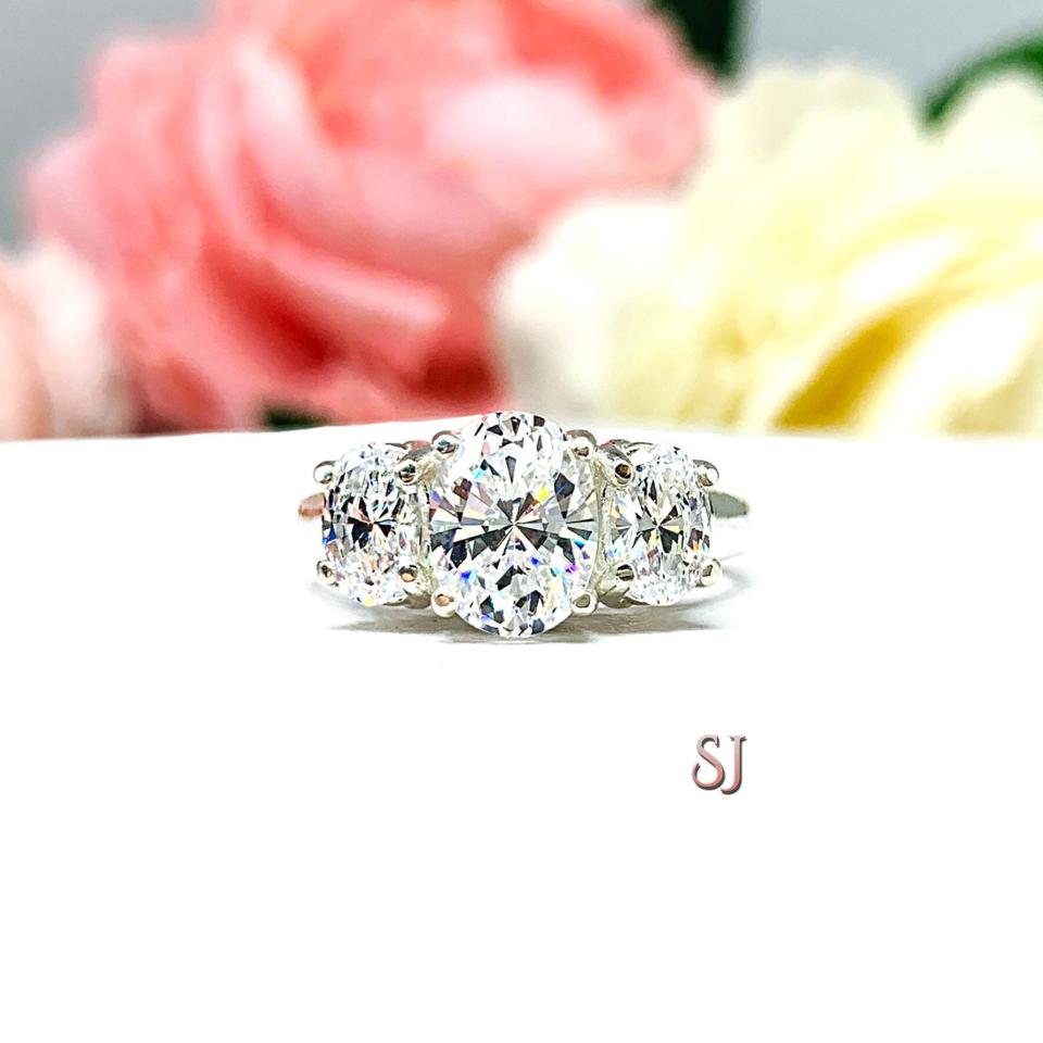 Oval CZ Three Stone Engagement Ring