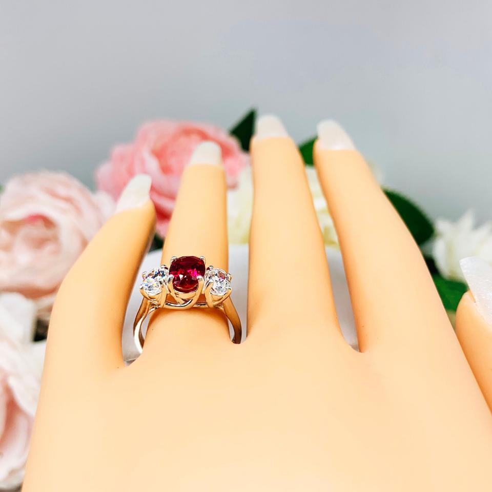 Lab Created Ruby CZ Oval 3 Stone Ring Sterling Silver