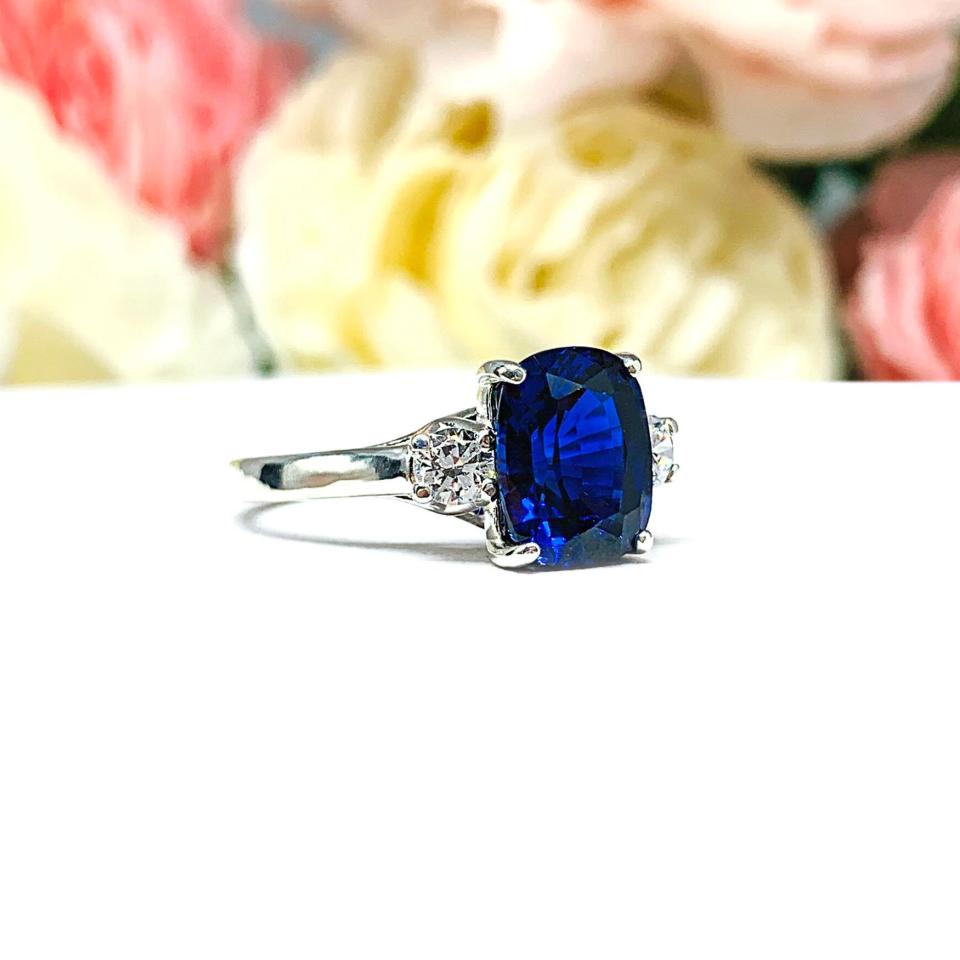 Lab Blue Sapphire Elongated Cushion Cut Ring 10x8mm Round CZ Accents
