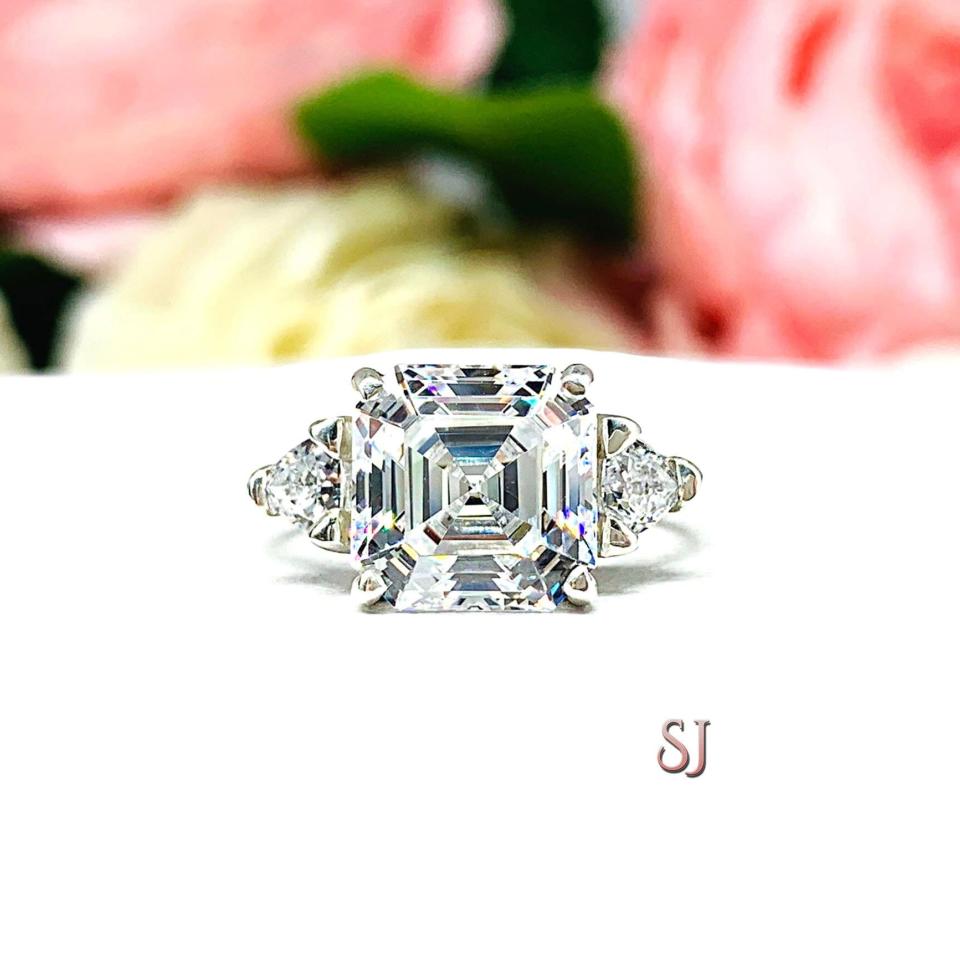 Asscher CZ with Trillions Engagement Ring