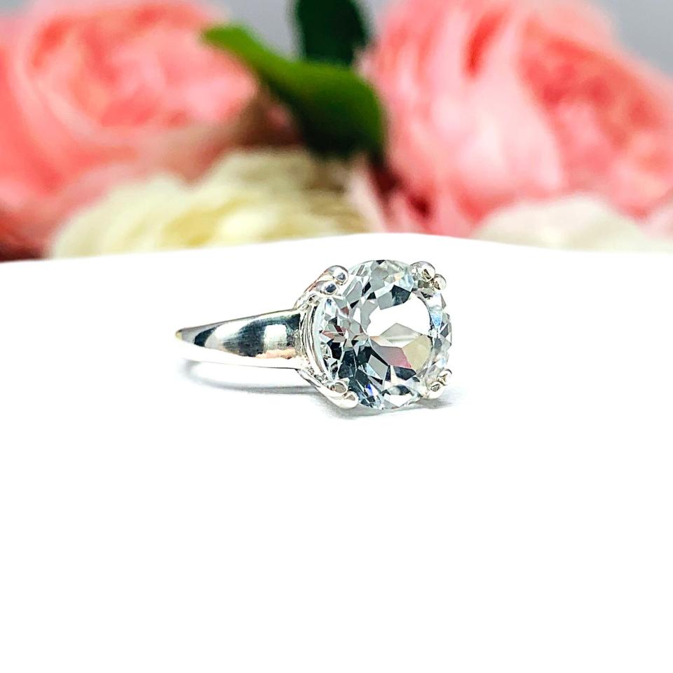 Natural White Topaz Round Solitaire Ring - Sterling silver setting