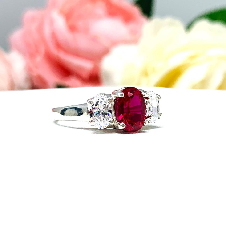 Lab Created Ruby CZ Oval 3 Stone Ring Sterling Silver