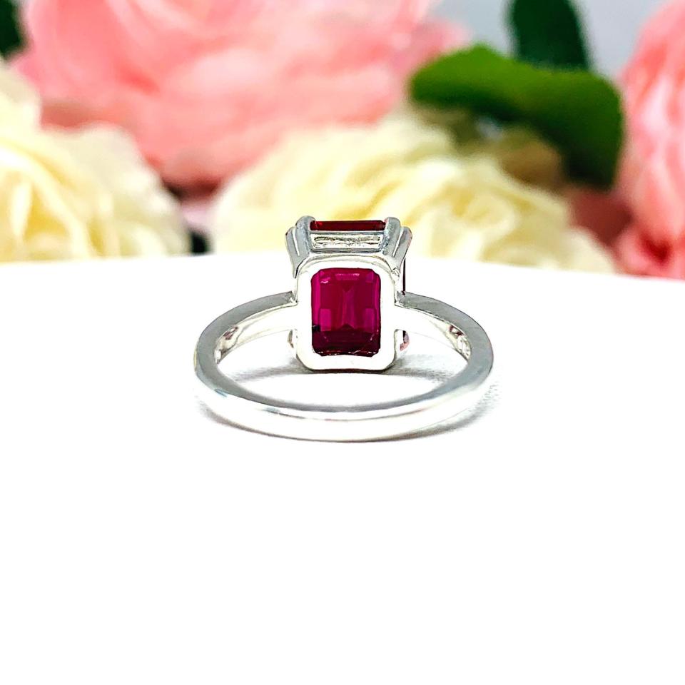 Lab Created Ruby Emerald Cut Ring Double Prong Size 5 Sterling Silver