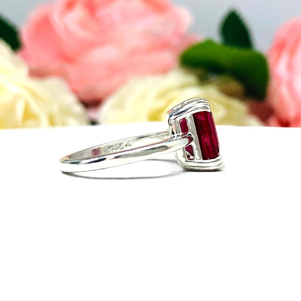 Lab Created Ruby Emerald Cut Ring Double Prong Size 5 Sterling Silver
