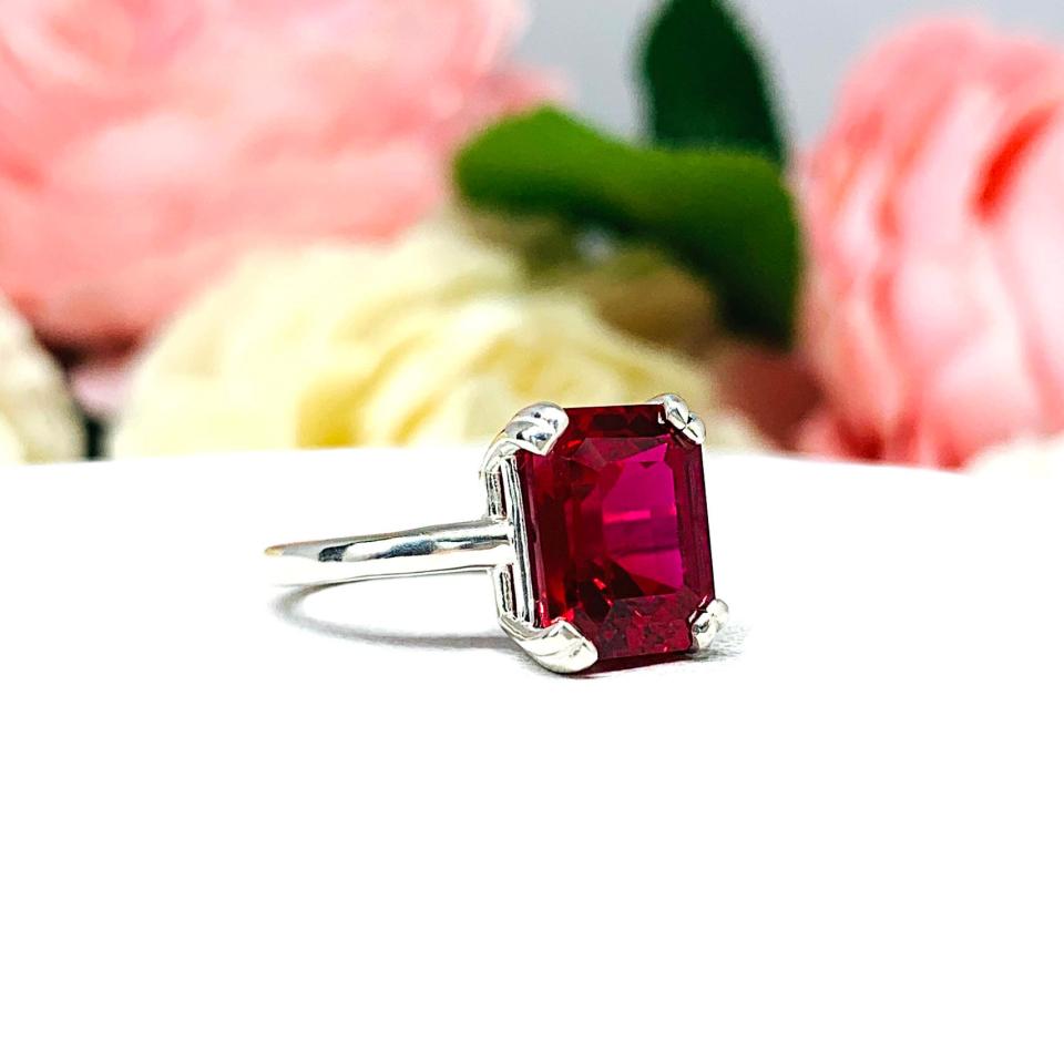 Lab Created Ruby Emerald Cut Ring Double Prong Size 5 Sterling Silver