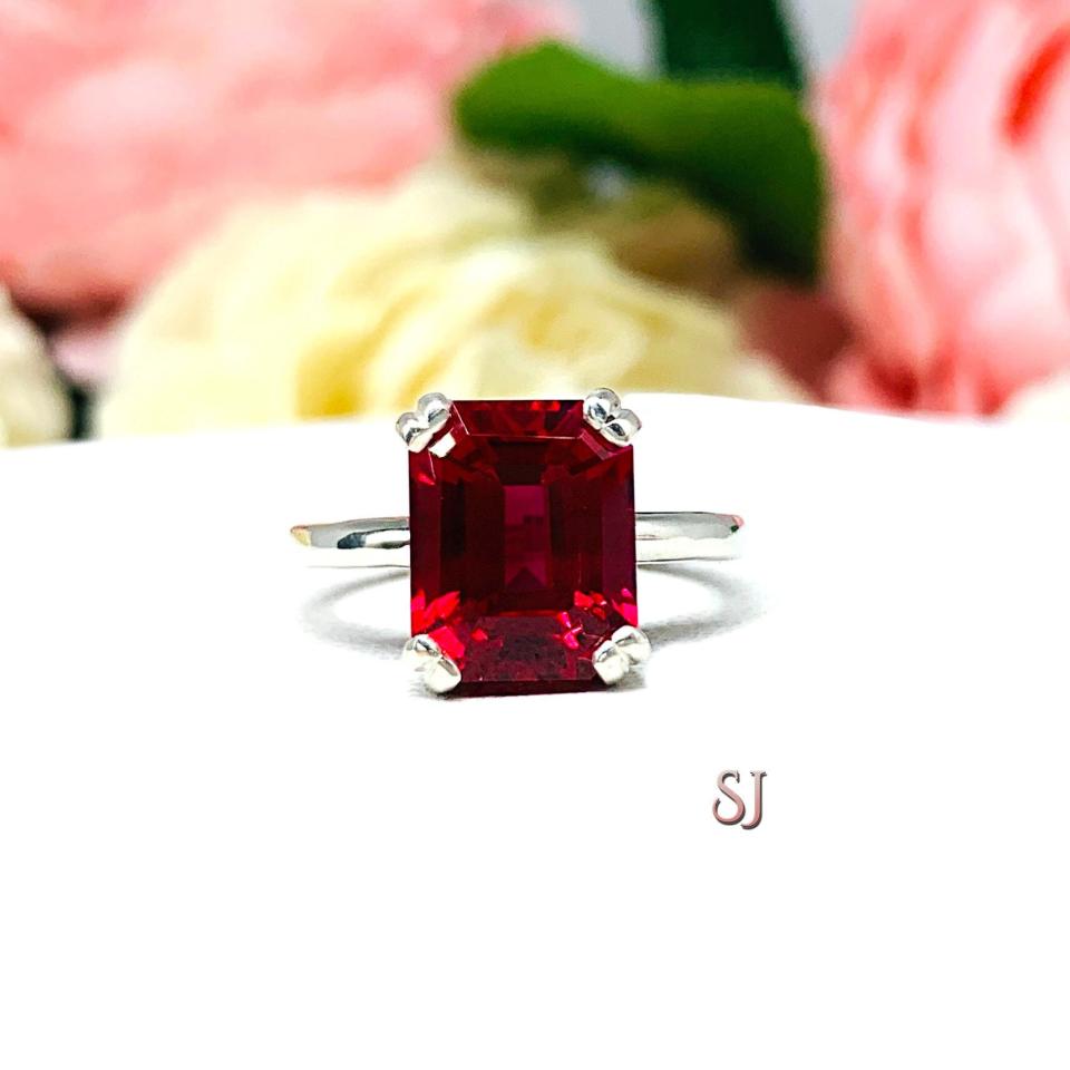Lab Created Ruby Emerald Cut Ring Double Prong Size 5 Sterling Silver