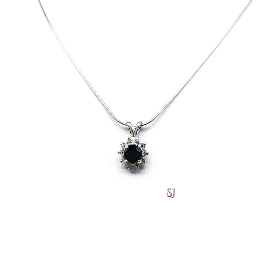 Black Moissanite Halo Pendant Necklace - Round authentic moissanites - Sterling silver setting - Sterling silver chain