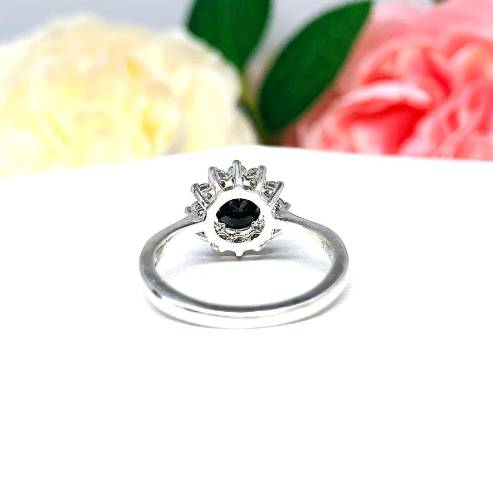 Black Moissanite Halo Engagement Ring - Round authentic moissanites - Sterling silver setting