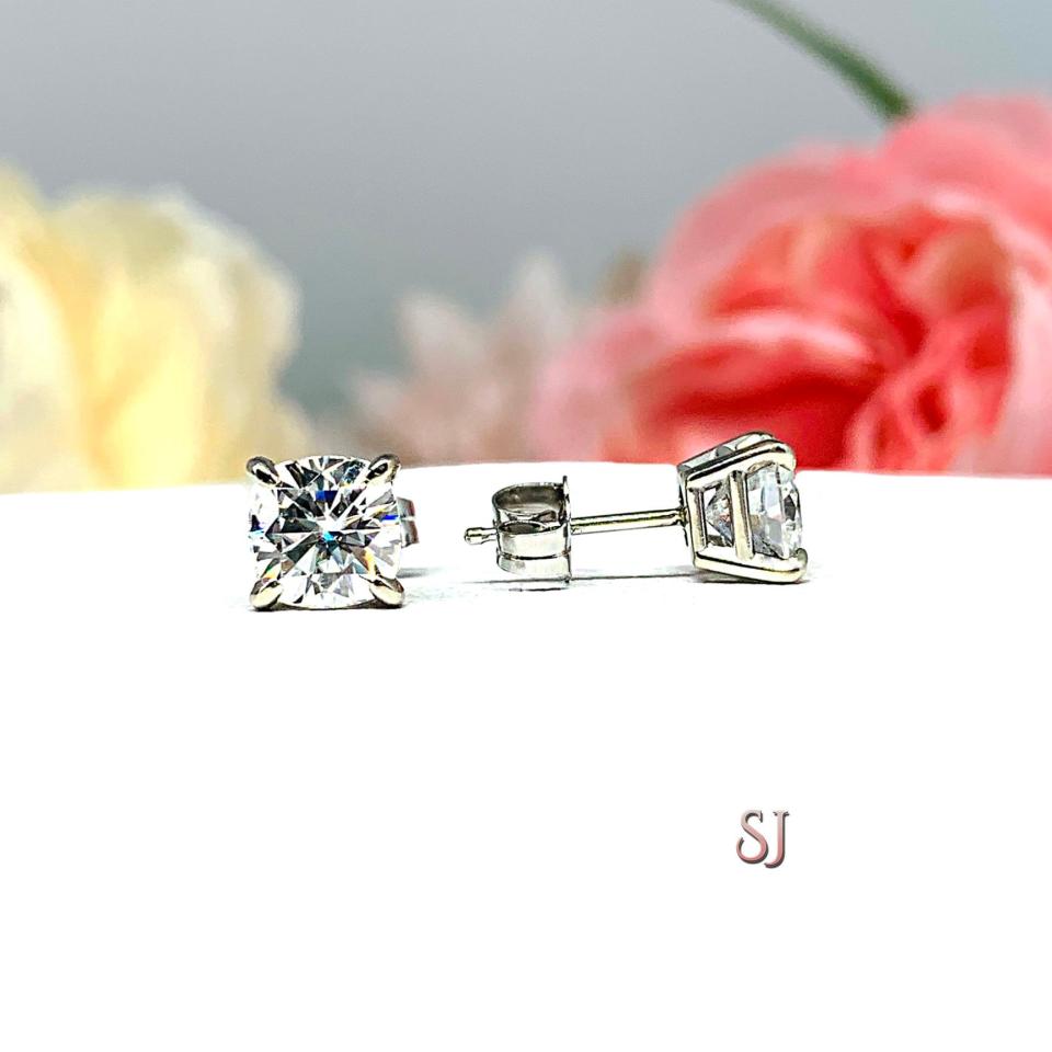 Cushion Moissanite Gold Stud Earrings -  Authentic moissanite - Solid gold settings - FREE 3RD DAY UPS