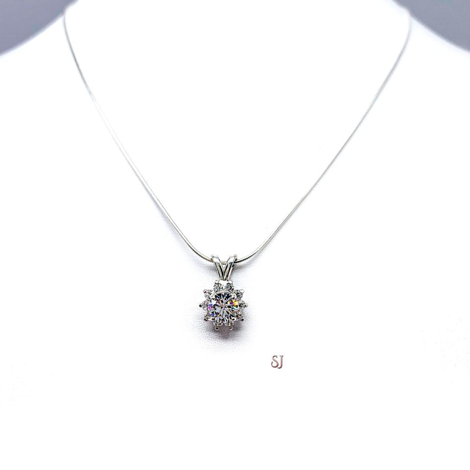 Round CZ Halo Pendant Sterling Silver Necklace Cubic Zirconia Accents
