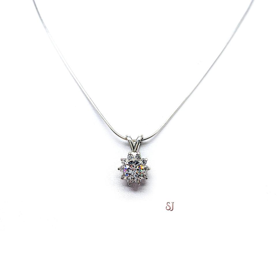 Round CZ Halo Pendant Sterling Silver Necklace Cubic Zirconia Accents