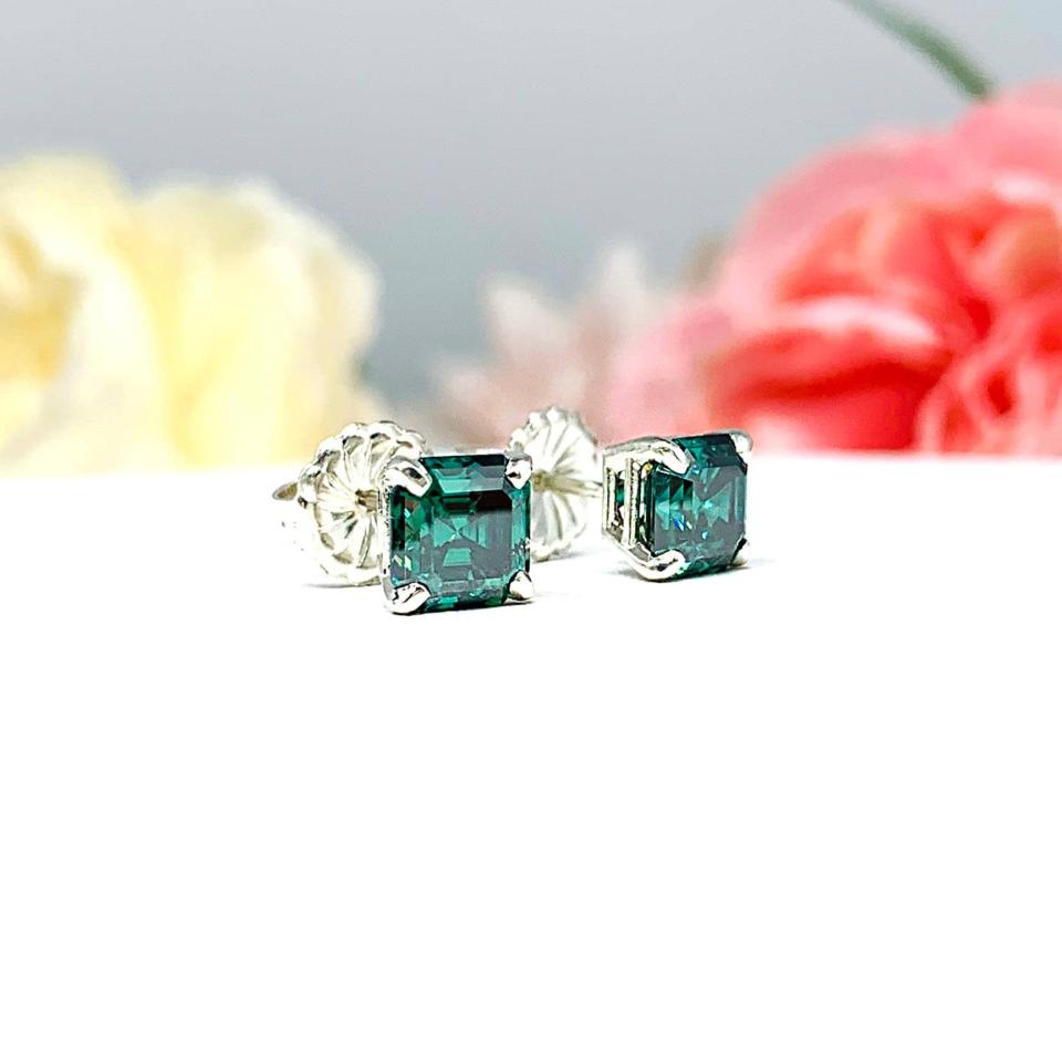 Emerald Green Moissanite Stud Earrings - 6mm (2.5 cts total) authentic moissanites - Sterling silver or Gold
