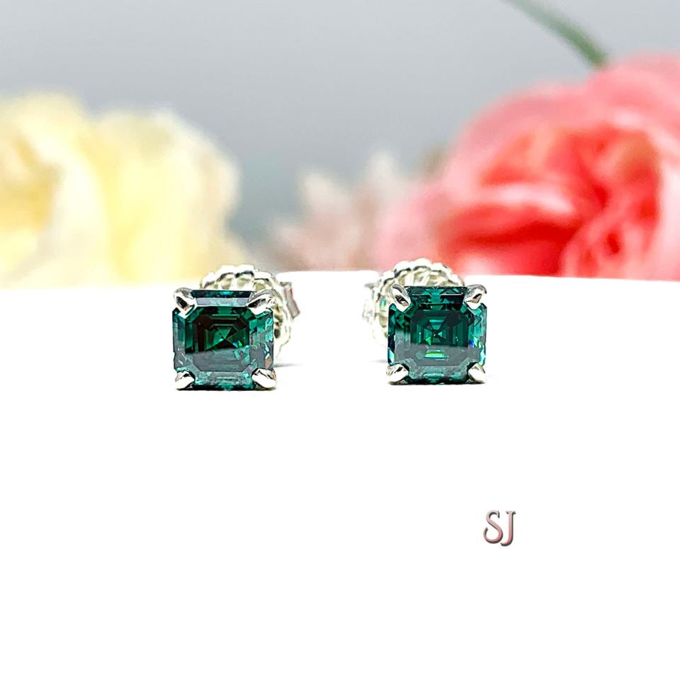 Emerald Green Moissanite Stud Earrings - 6mm (2.5 cts total) authentic moissanites - Sterling silver or Gold